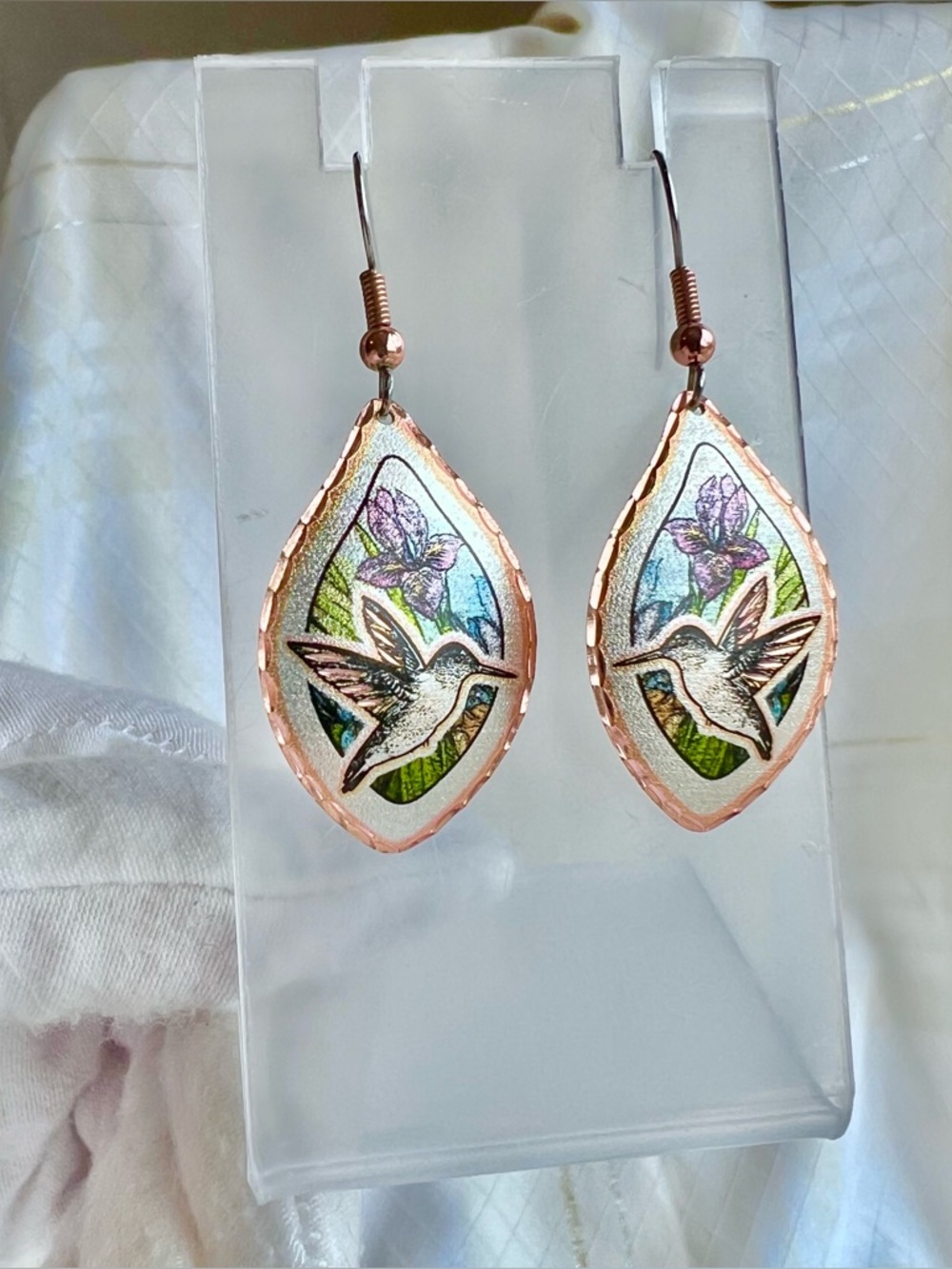 Handcrafted Vintage Hummingbird Teardrop Earrings in Copper and Brass